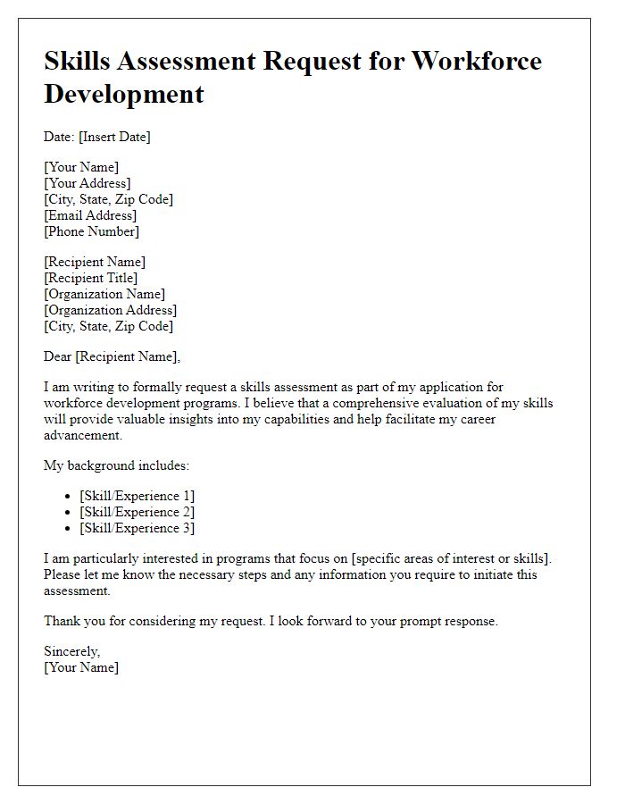 Letter template of skills assessment request for workforce development.