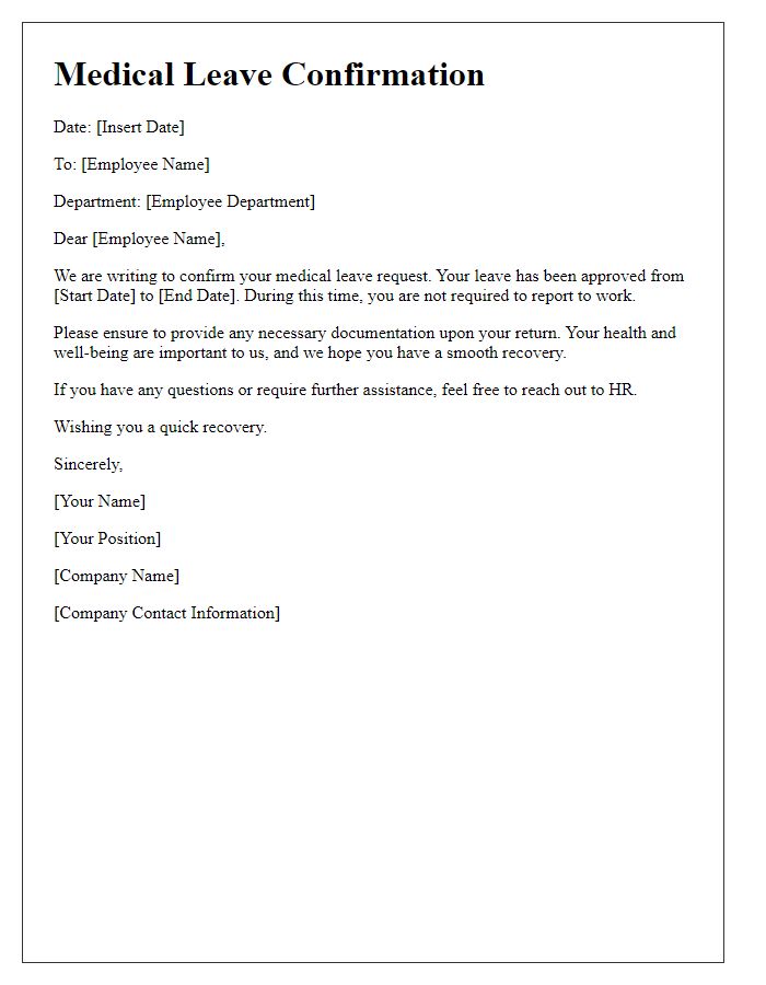 Letter template of medical leave confirmation for employees