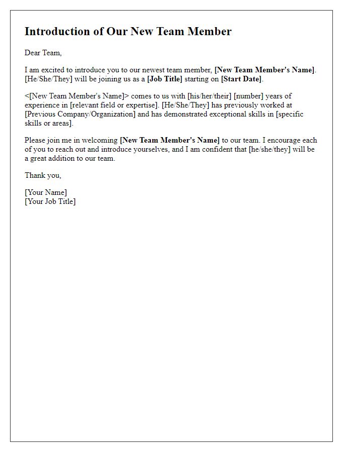 Letter template of supportive introduction for a new team player