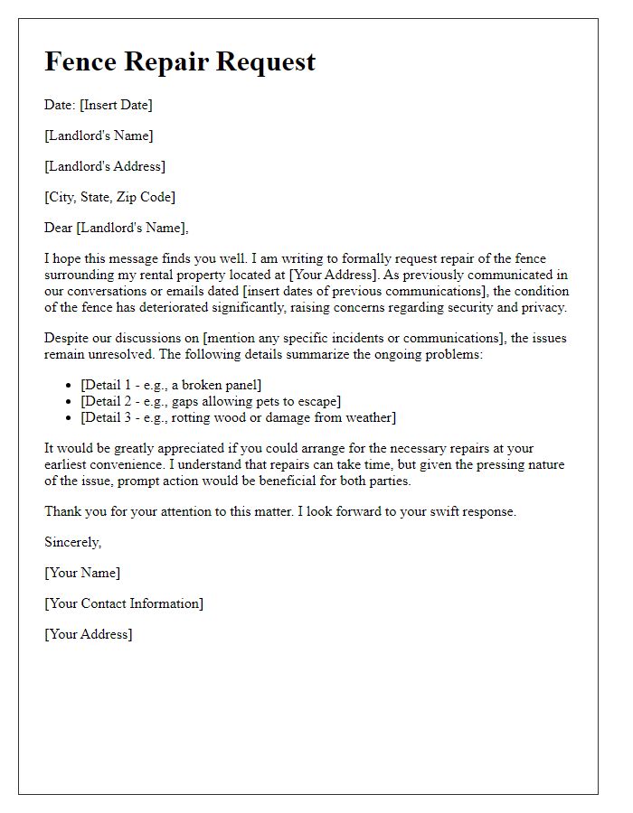 Letter template of tenant fence repair request detailing previous communications