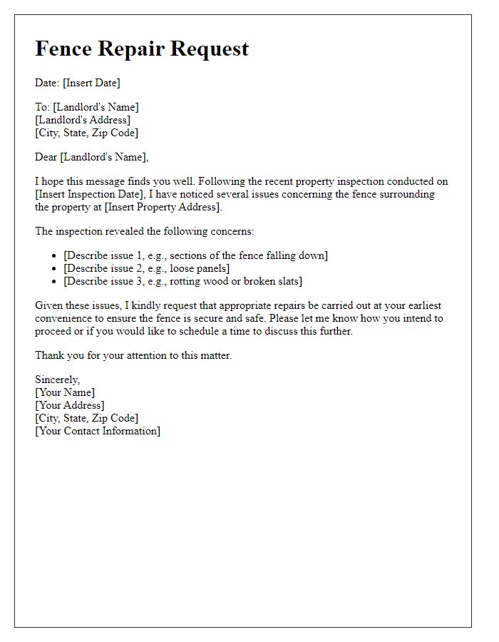 Letter template of tenant fence repair request following a property inspection