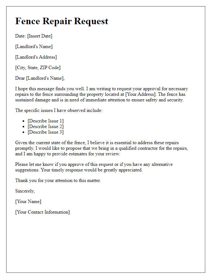 Letter template of tenant fence repair request for landlords approval