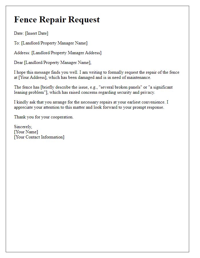 Letter template of tenant fence repair request for property maintenance