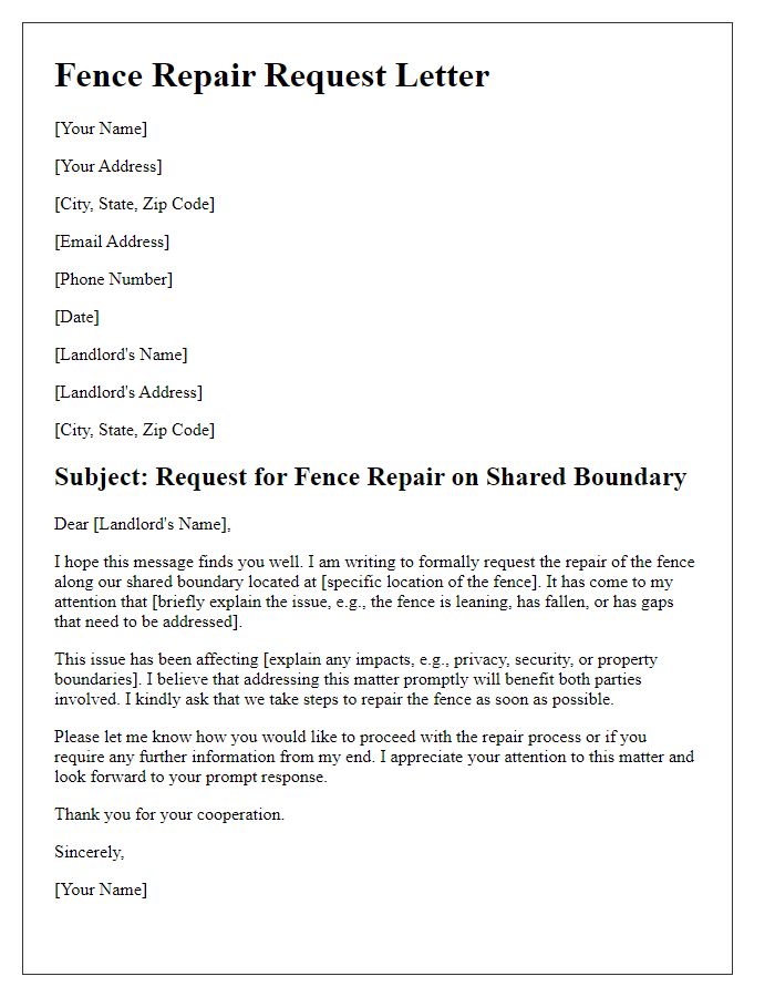 Letter template of tenant fence repair request for shared boundary issues