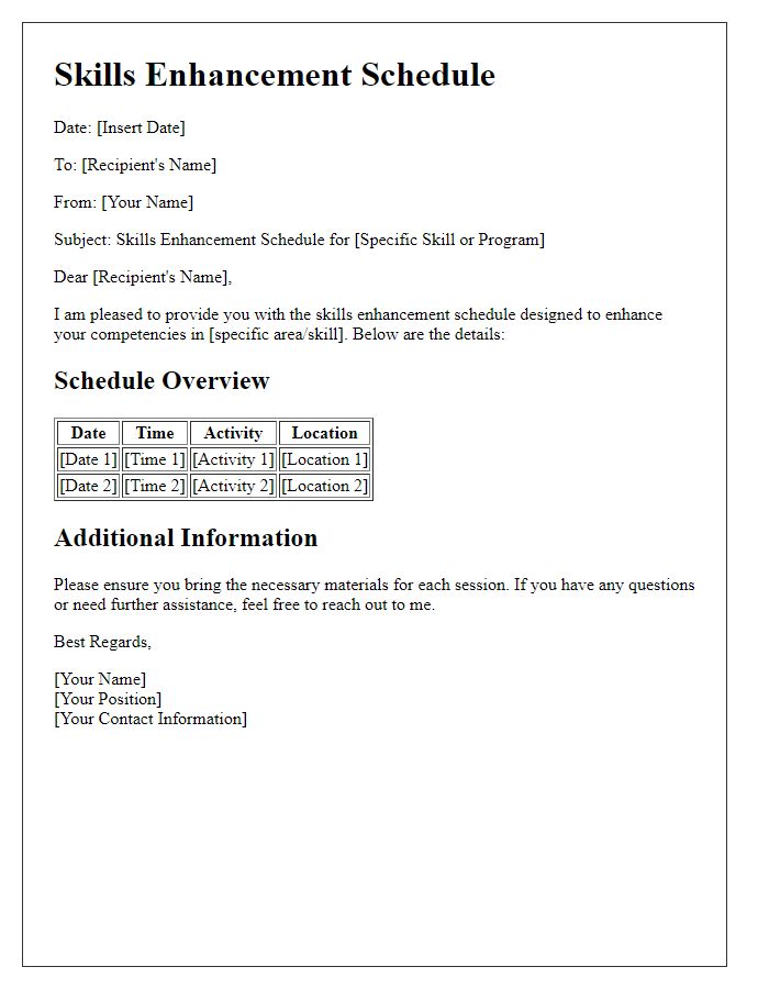 Letter template of a skills enhancement schedule