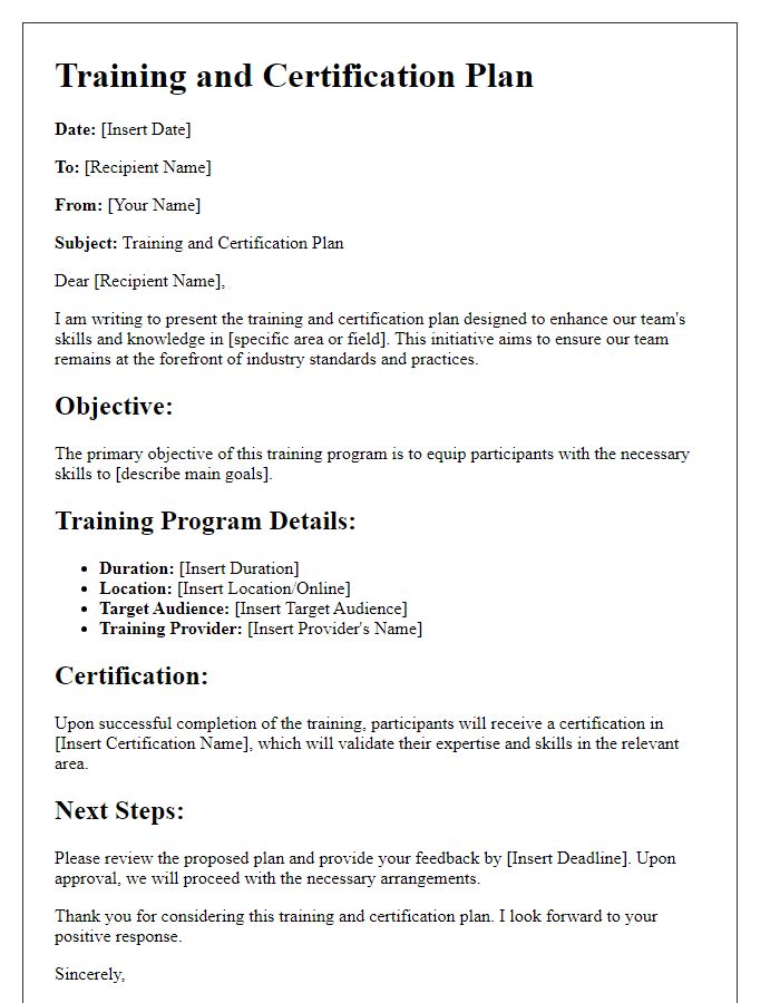 Letter template of a training and certification plan