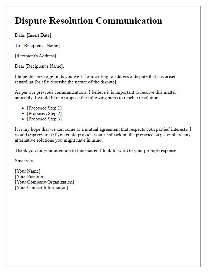 Letter template of dispute resolution communication