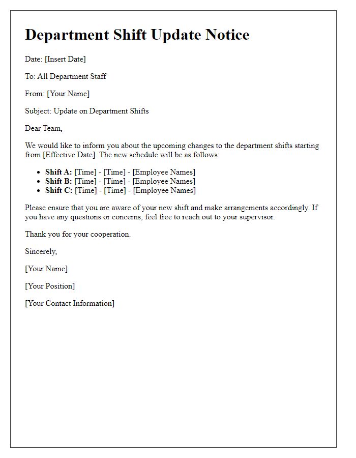 Letter template of department shift update