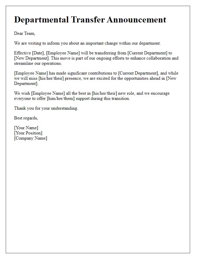 Letter template of departmental transfer announcement