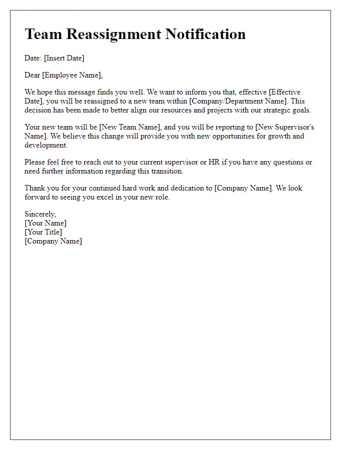 Letter template of team reassignment notification