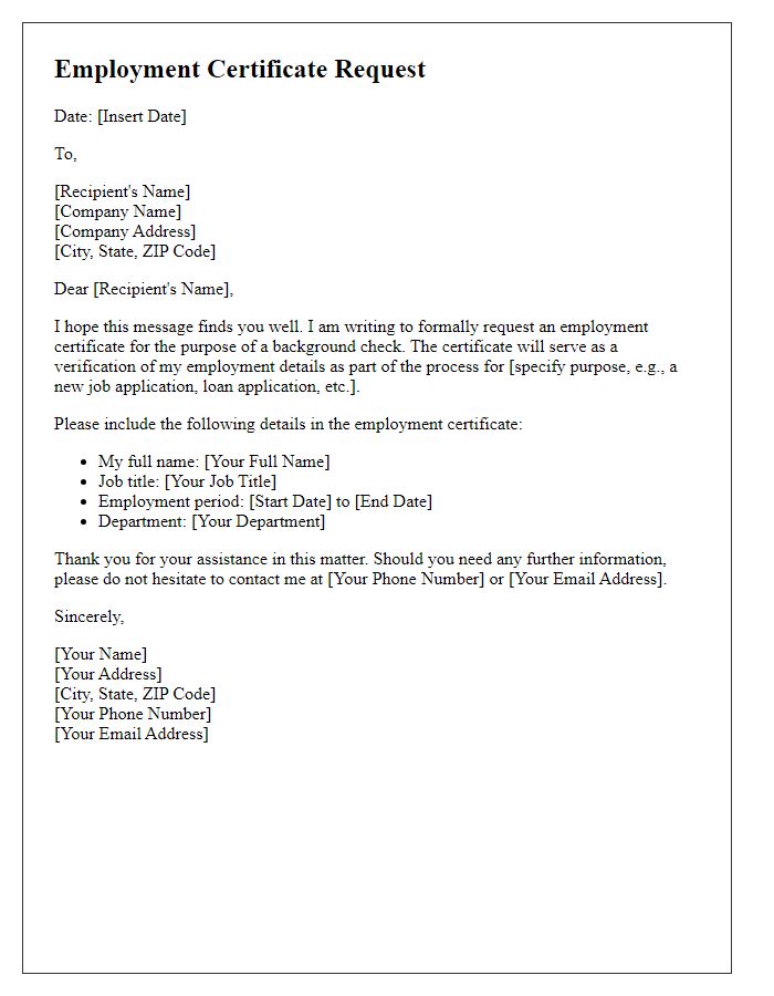 Letter template of employment certificate request for background check