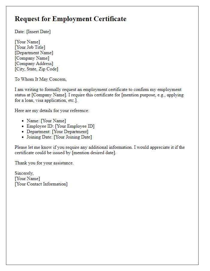 Letter template of employment certificate request for current employees