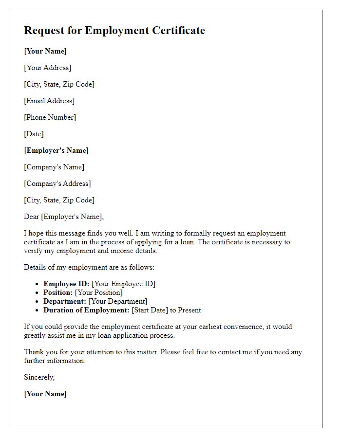 Letter template of employment certificate request for loan application