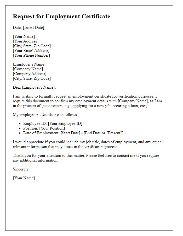 Letter template of employment certificate request for verification purposes