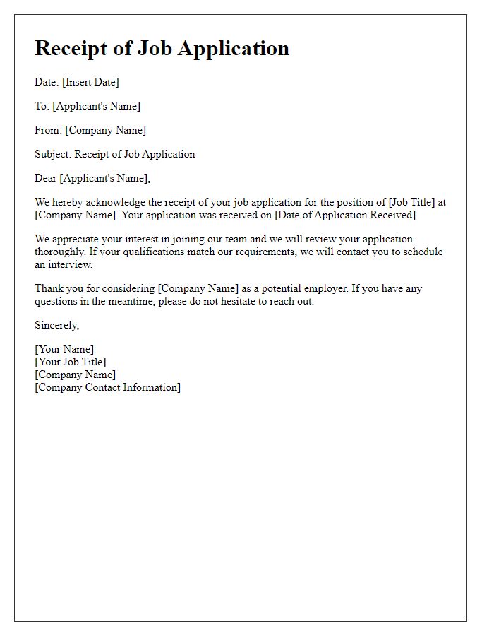 Letter template of receipt for job application documentation