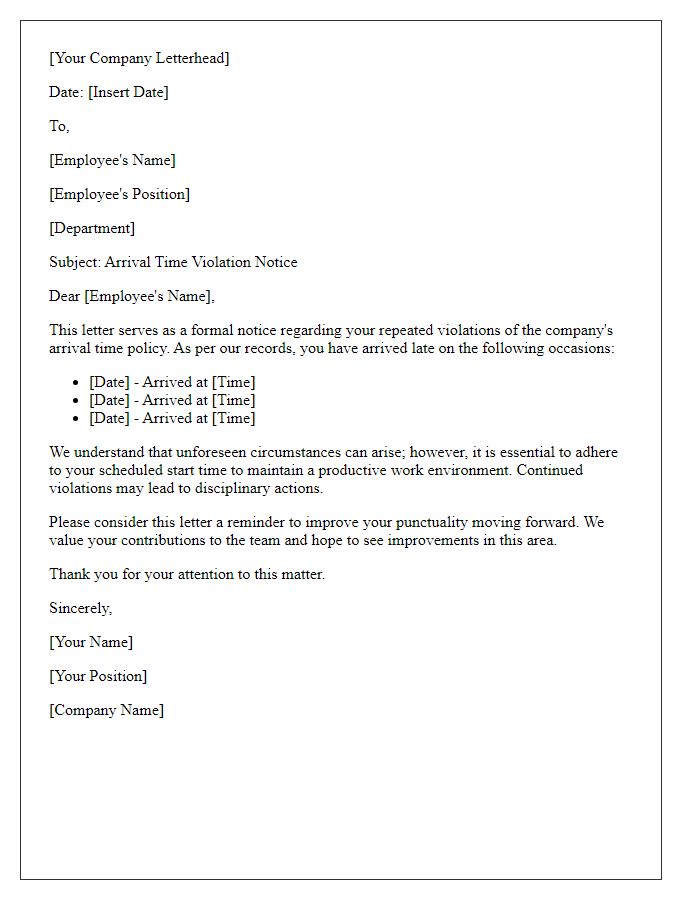 Letter template of arrival time violation for employee.