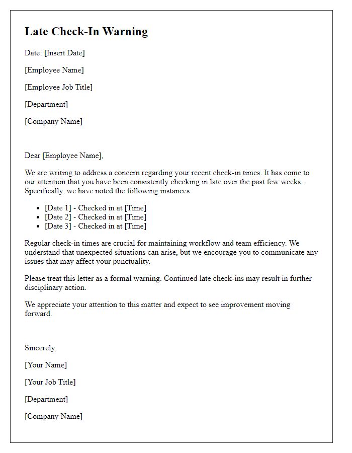 Letter template of late check-in warning for employee.