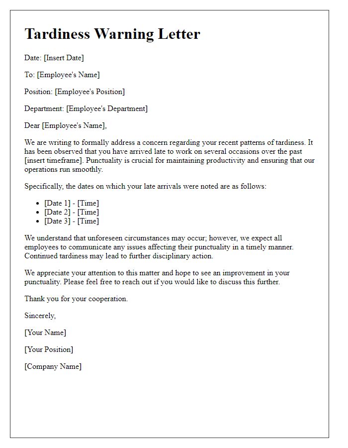 Letter template of tardiness warning for staff member.