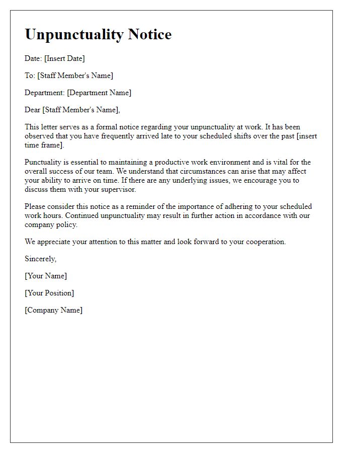 Letter template of unpunctuality notice to staff.