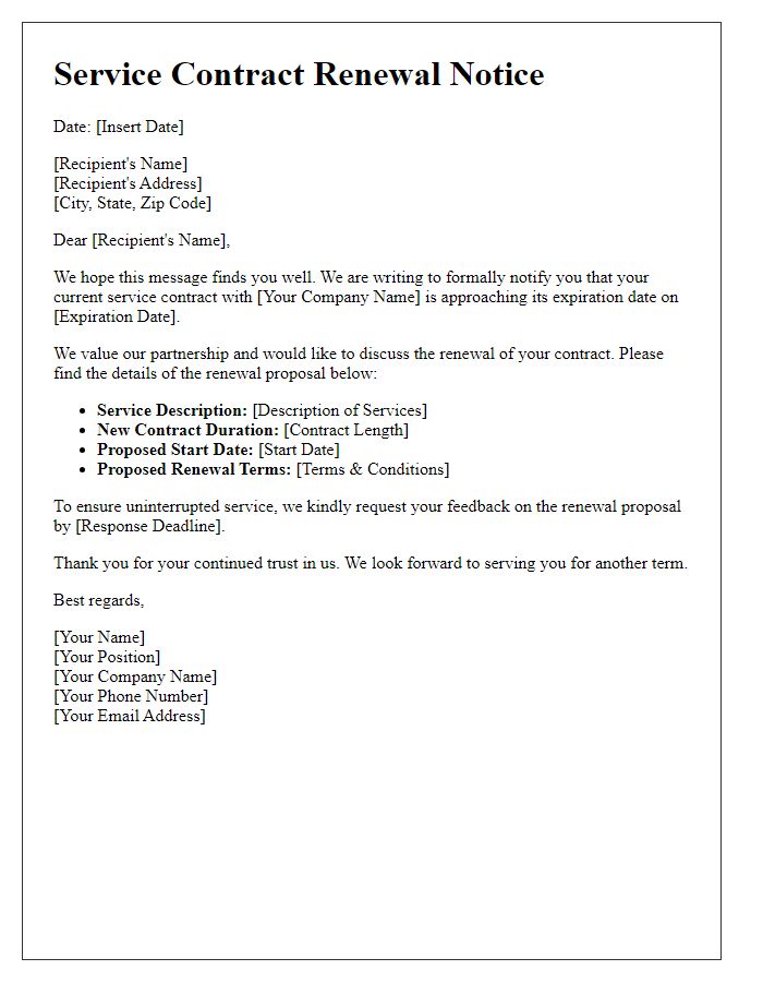 Letter template of service contract renewal notice.