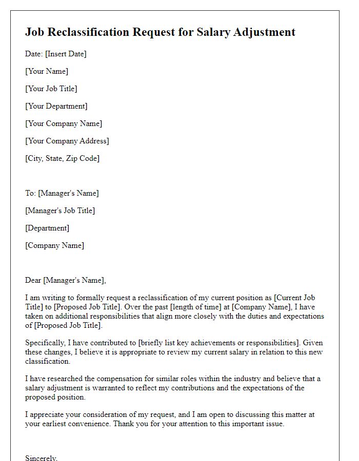 Letter template of job reclassification request for salary adjustment.