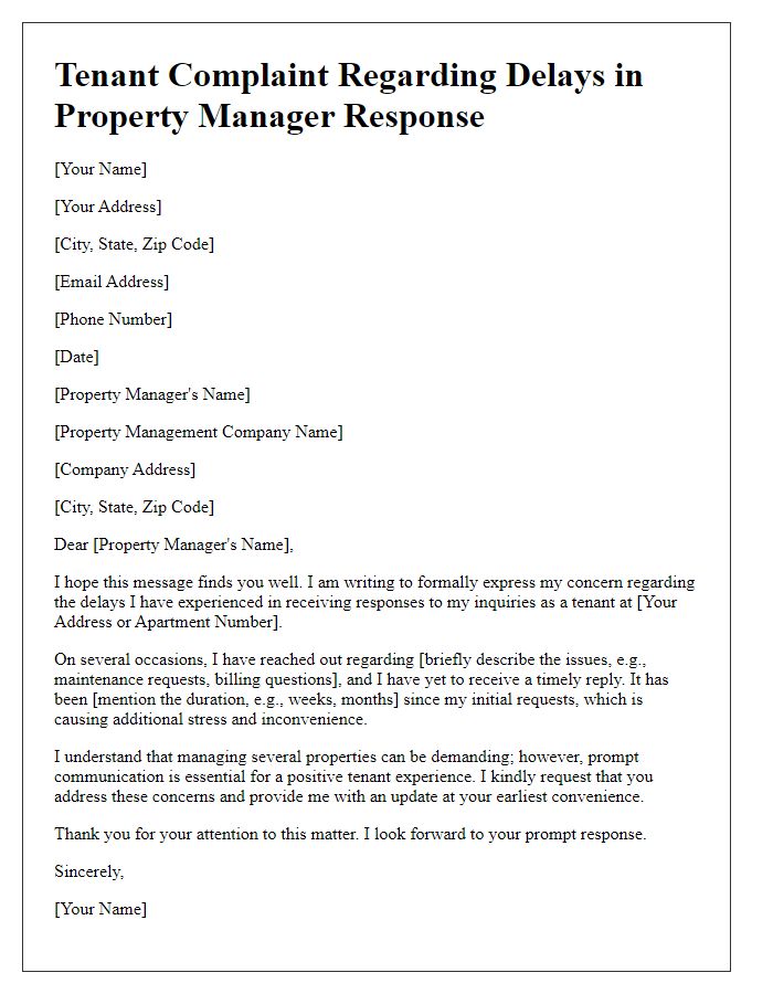 Letter template of tenant complaint regarding property manager response delays