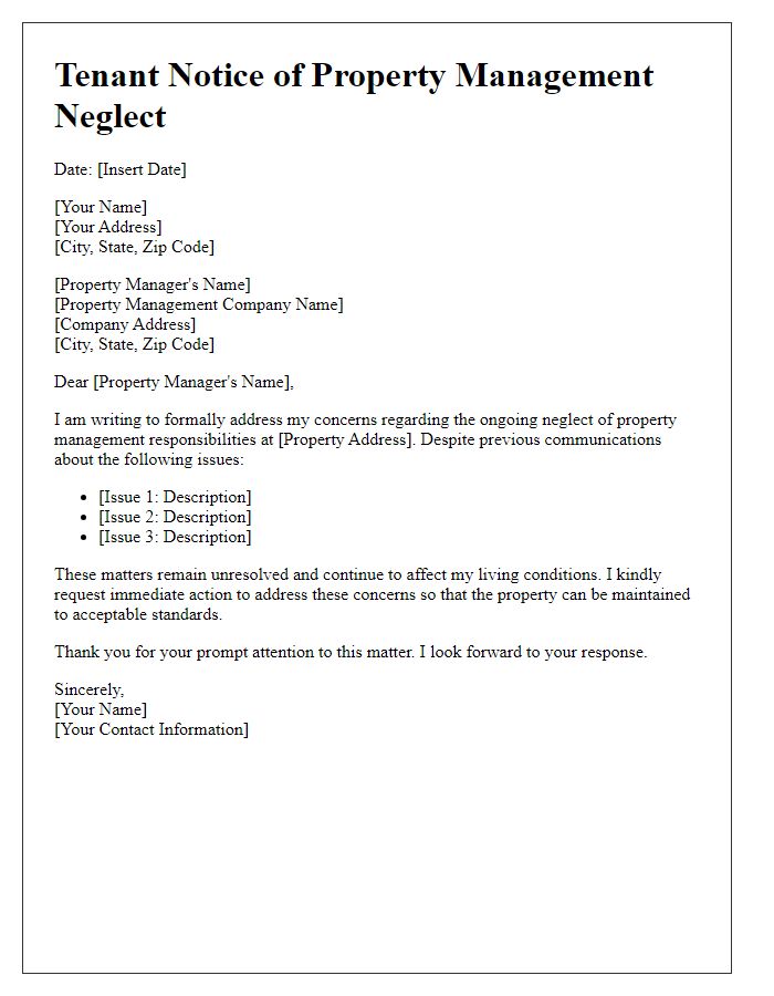 Letter template of tenant notice about property management neglect