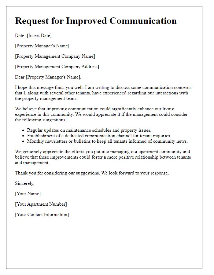 Letter template of tenant request for property manager communication improvements