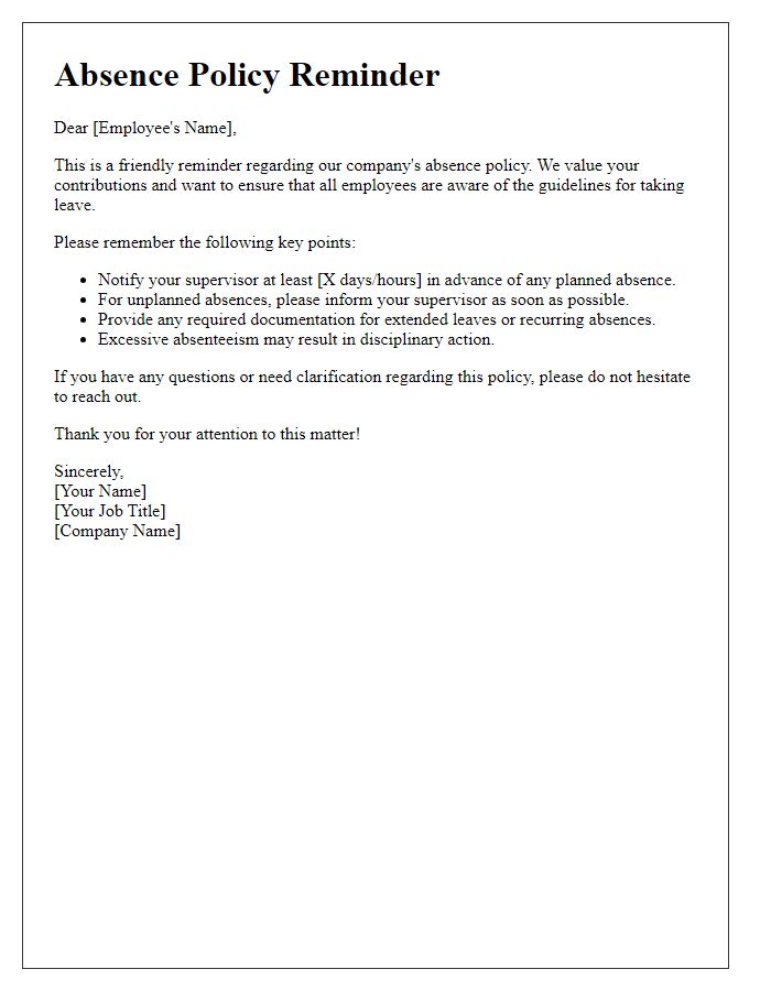 Letter template of absence policy reminder for employees