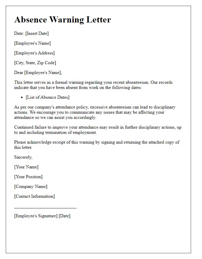 Letter template of absence warning for staff members