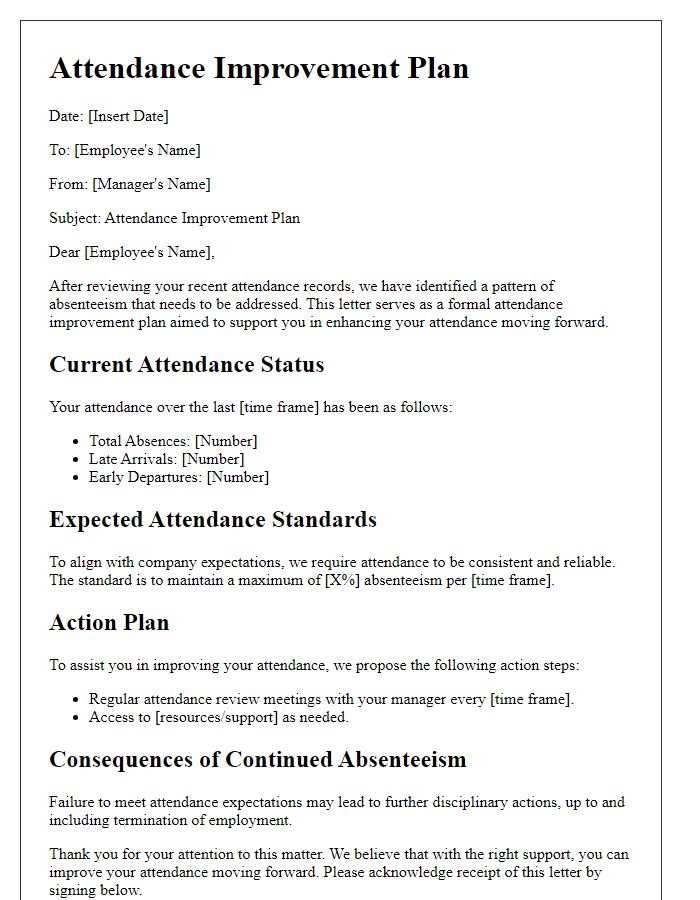 Letter template of attendance improvement plan for employees