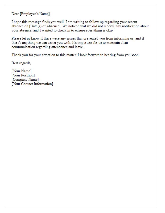 Letter template of follow-up on unreported absence