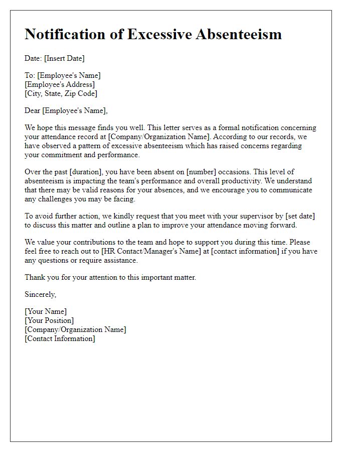 Letter template of notification regarding excessive absenteeism