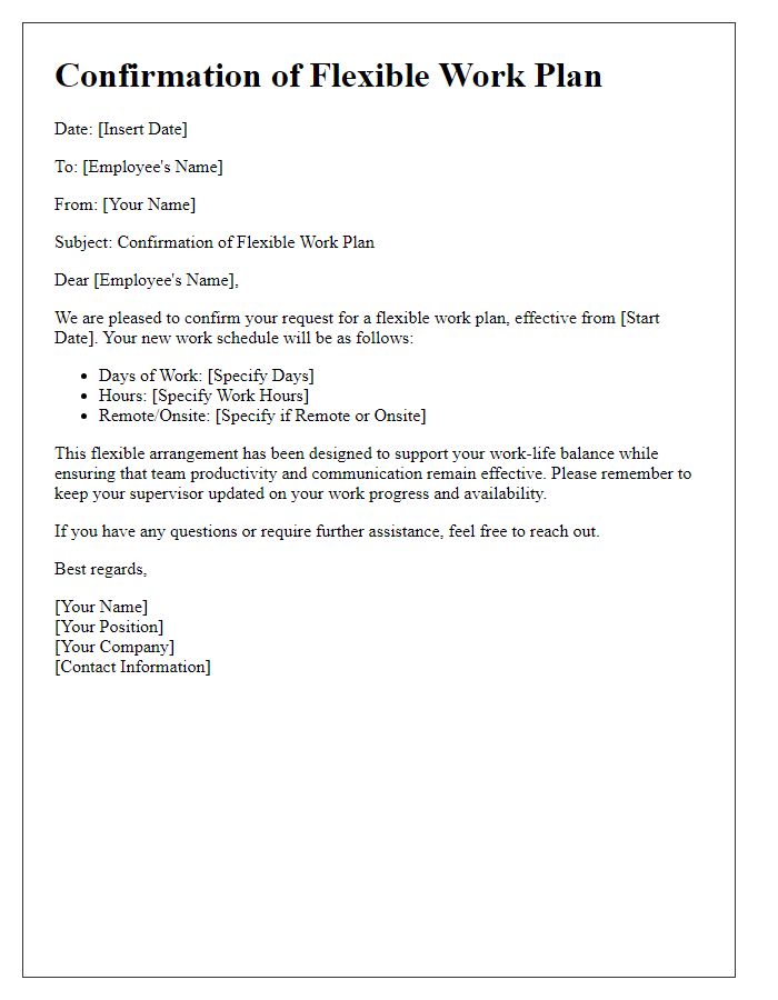 Letter template of confirmation for a flexible work plan