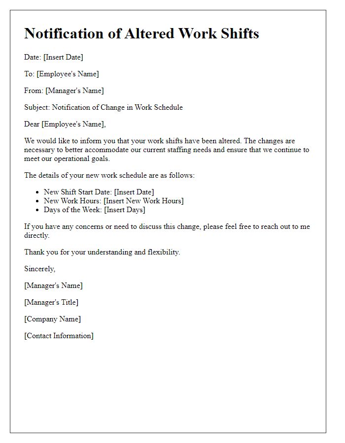 Letter template of notification for altered work shifts