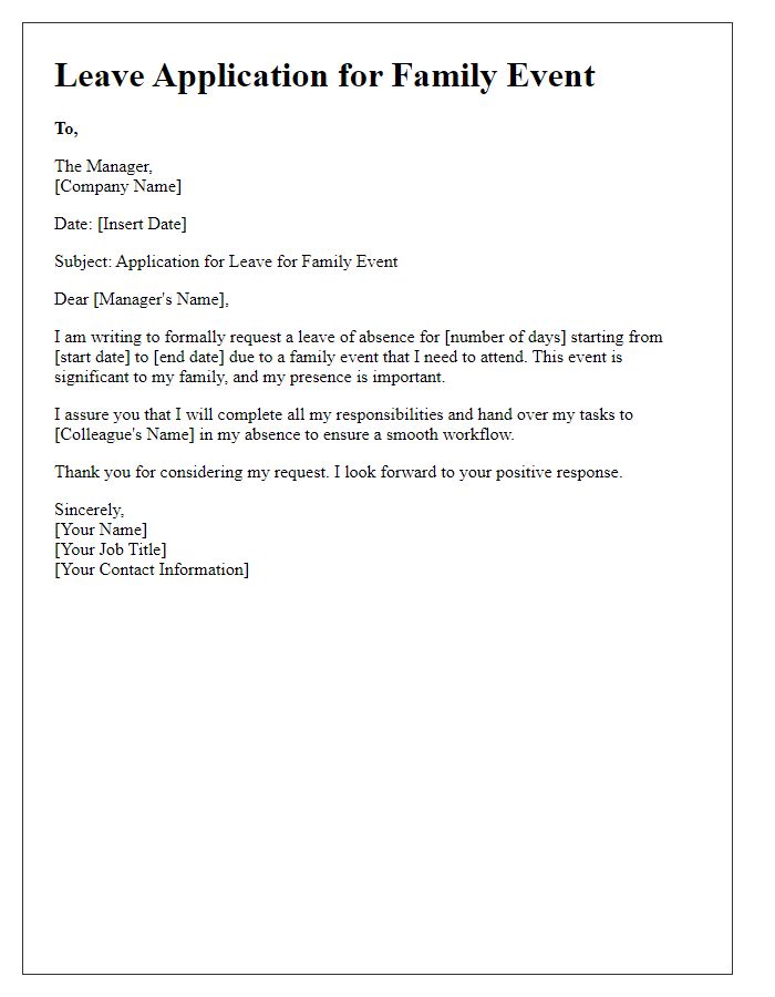 Letter template of holiday leave application for family event