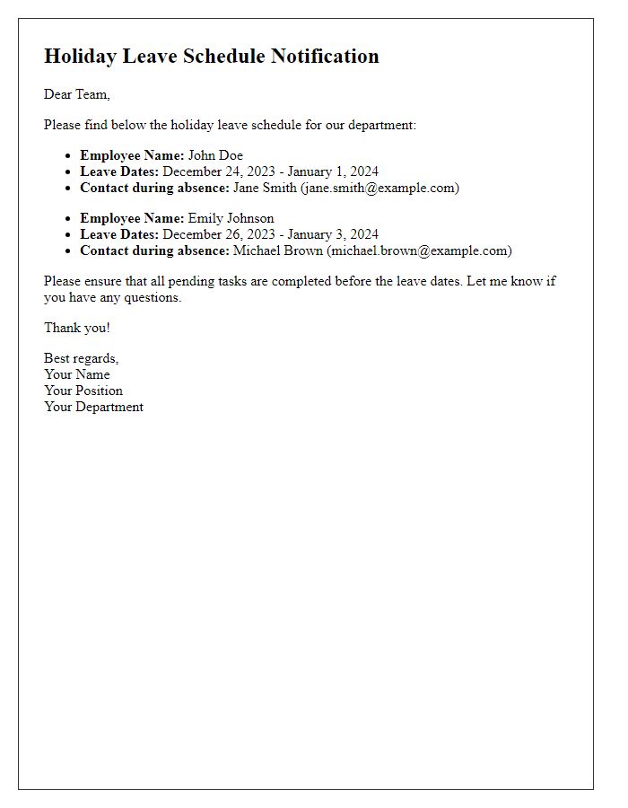 Letter template of holiday leave schedule for department