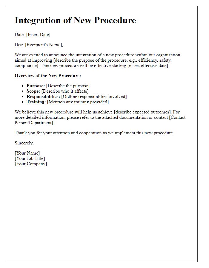 Letter template of new procedure integration