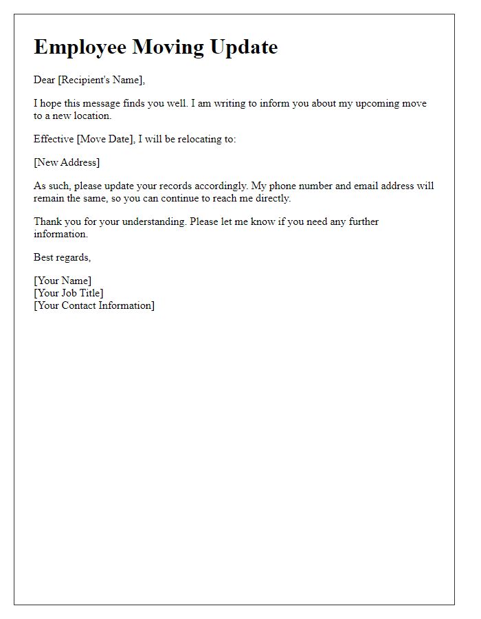 Letter template of employee moving update