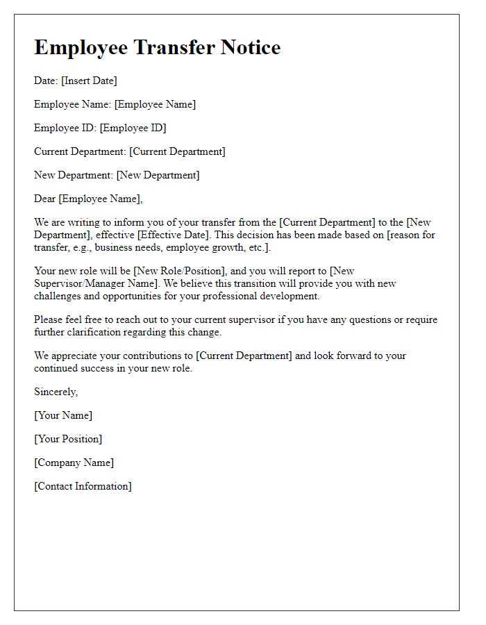 Letter template of employee transfer notice