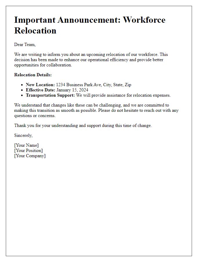 Letter template of workforce relocation message