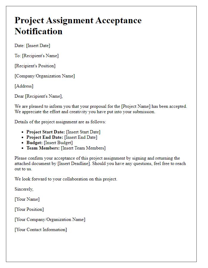 Letter template of project assignment acceptance notification