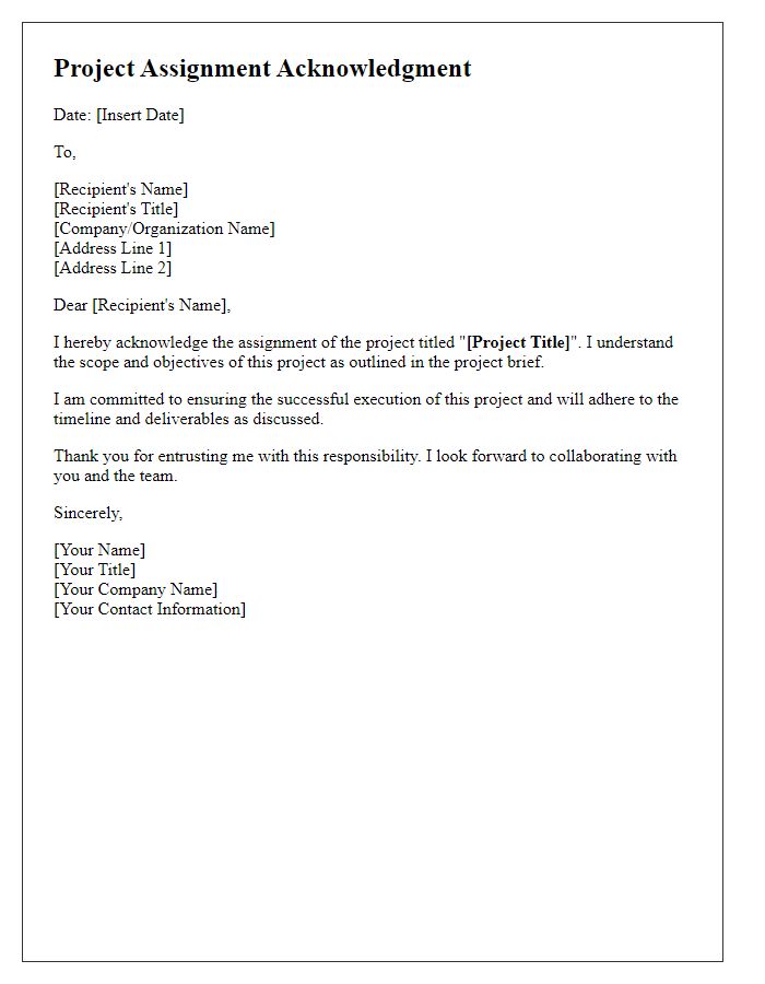 Letter template of project assignment acknowledgment