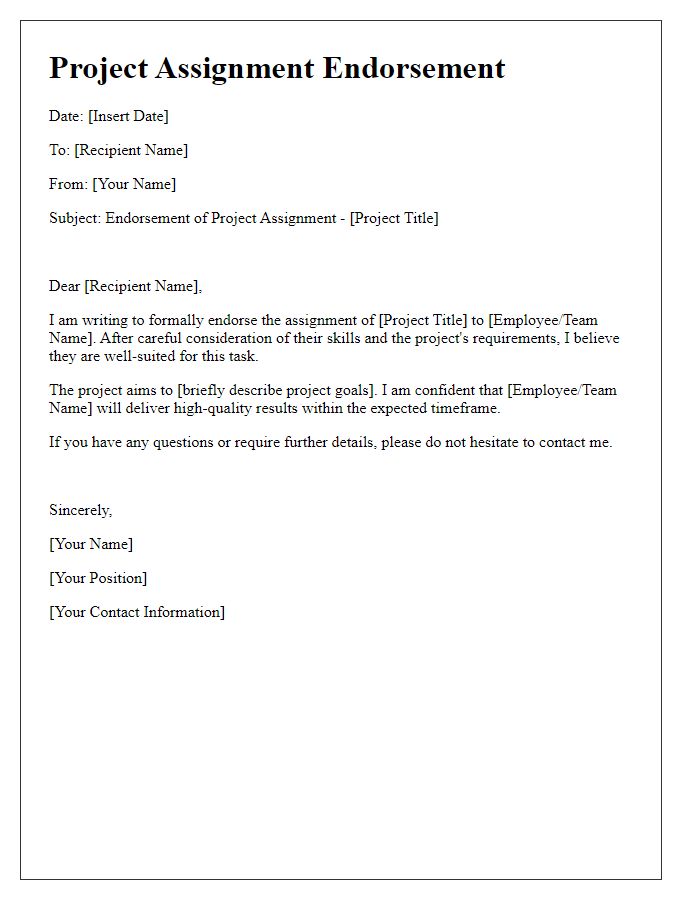 Letter template of project assignment endorsement