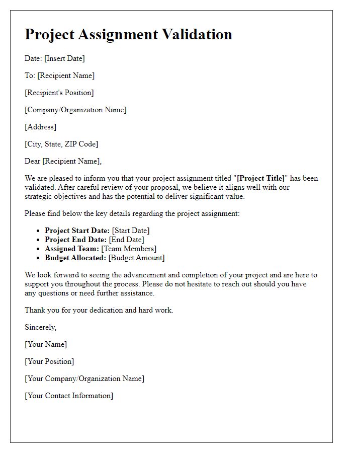 Letter template of project assignment validation