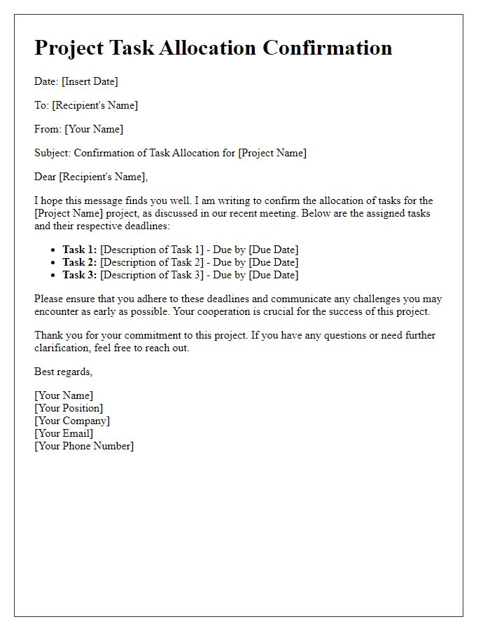 Letter template of project task allocation confirmation