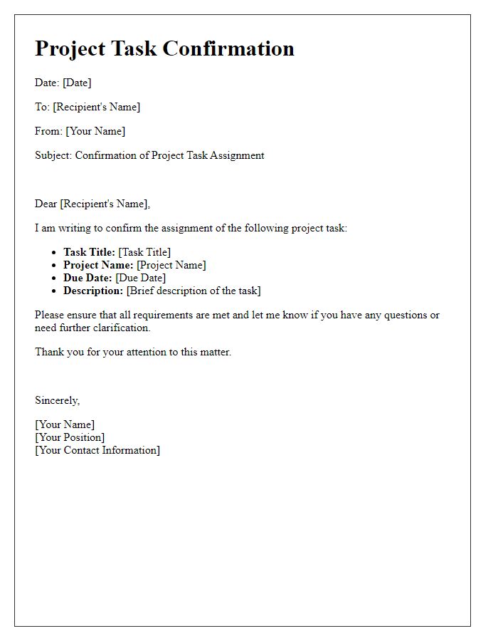 Letter template of project task confirmation