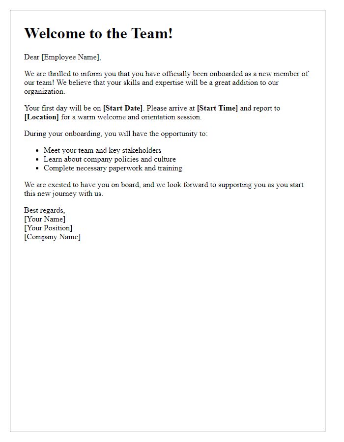 Letter template of employee onboarding news