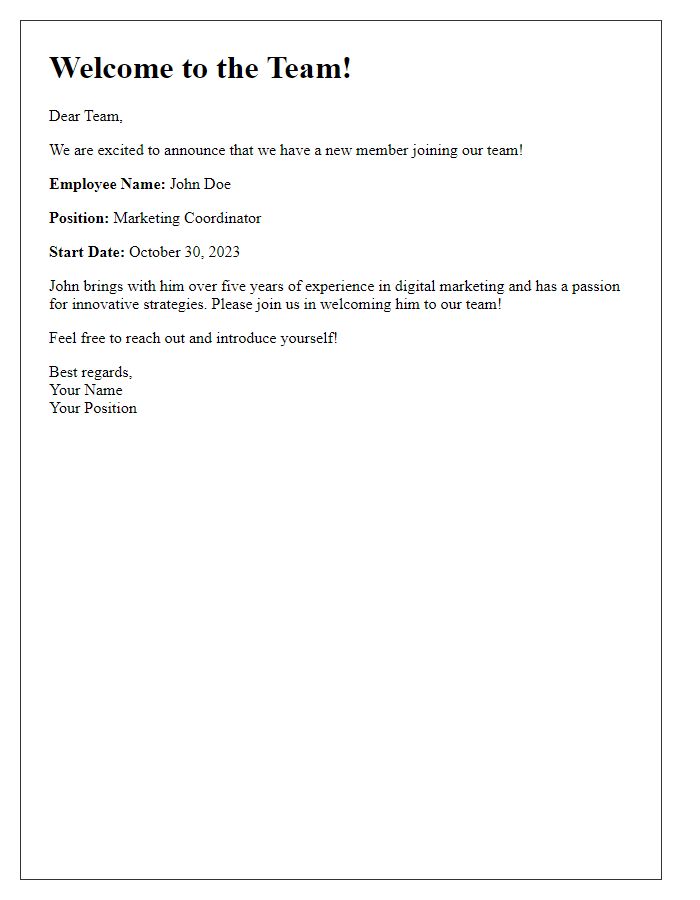 Letter template of new employee introduction