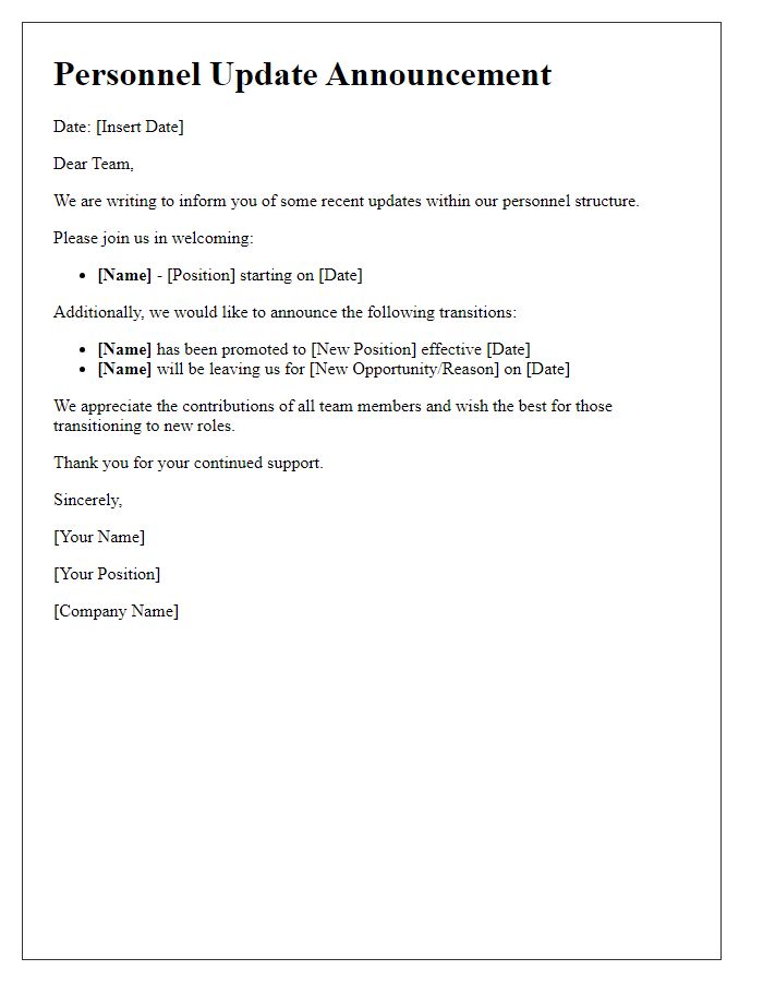 Letter template of personnel update announcement